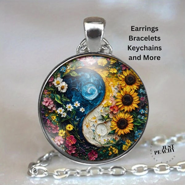 Nature Lover Yin Yang Art Silver Glass Pendant Necklace Jewelry Set
