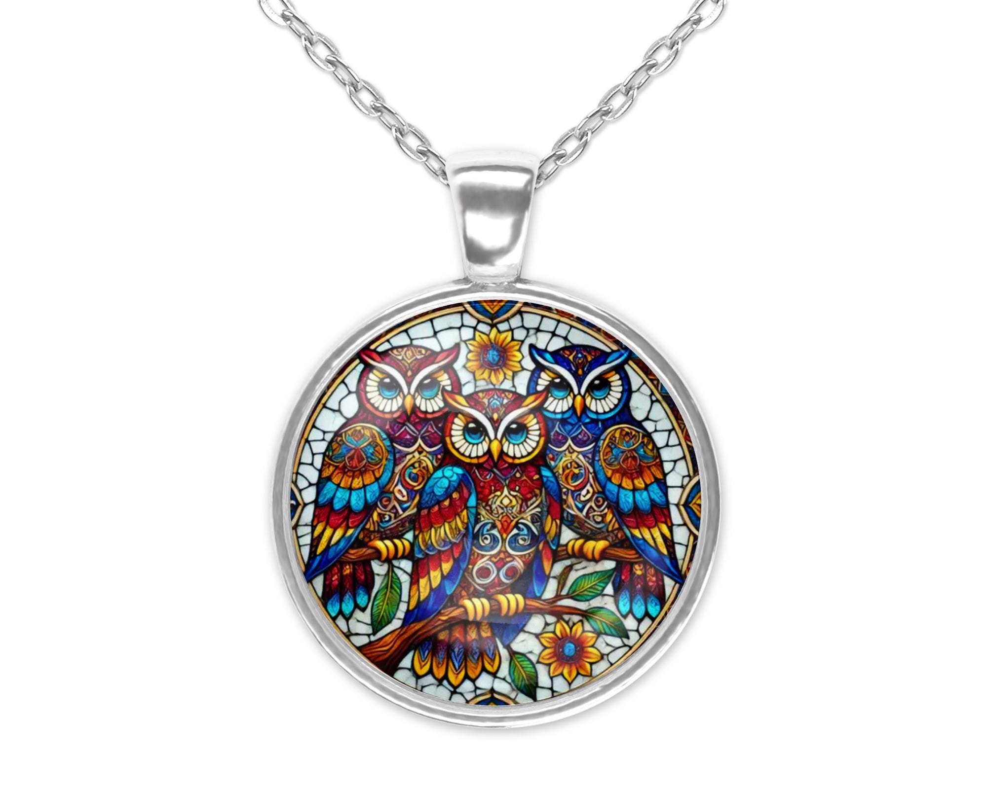 Three Wise Old Owls Stained Glass Art Silver Jewelry Glass Pendant Necklace  Large Option Matching E