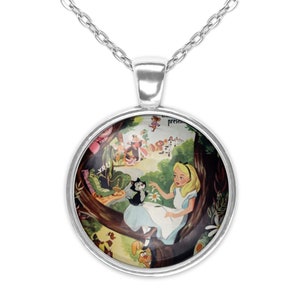 Alicja w Krainie Czarów Retro Vintage Disney Movie Cartoon Art Srebrna Biżuteria Szklany Wisiorek Naszyjnik Duży Opcja Kolczyki Sztyfty Bransoletka