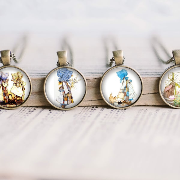 Holly Hobbie Colonial Girl Friends Bronze Jewelry Glass Pendant Necklace Large Option Retro Matching Earrings Multiple Variations New