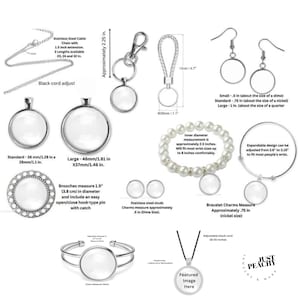 Op de afbeelding: Een verzameling sieradenonderdelen, waaronder kettingen, oorbellen, armbanden en sleutelhangers. De stukken hebben heldere, ronde inzetstukken voor personalisatie. Afmetingen worden in centimeters gegeven voor verschillende componenten, zoals kettinglengtes en armbandmaten.