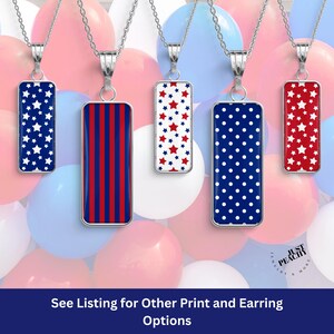 EE. UU. Rojo Blanco Azul Patriotismo Libertad Día de la Independencia 4 de julio Collar de plata Colgante de cristal rectangular Pendientes a juego