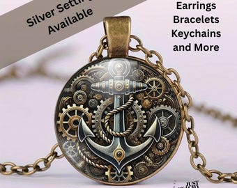 Op de afbeelding: Een bronzen hangerketting met een ankerontwerp tegen een achtergrond van tandwielen en raderen. De tekst "Silver Settings Available" en "Earrings Bracelets Keychains and More" is zichtbaar. De ketting heeft een bijpassende ketting.