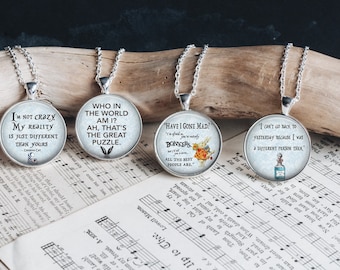 Alice in Wonderland Quotes Movie Art Silver Glass Pendant Necklace Large Option 20 24 Inches Multiple Variations Matching Pieces