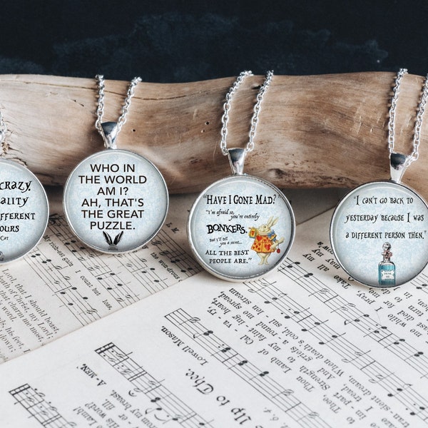 Alice in Wonderland Quotes Movie Art Silver Glass Pendant Necklace Large Option 20 24 Inches Multiple Variations Matching Pieces