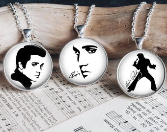 Elvis Presley Pendant Necklace, Silver Jewelry Set, Rock and Roll Gift