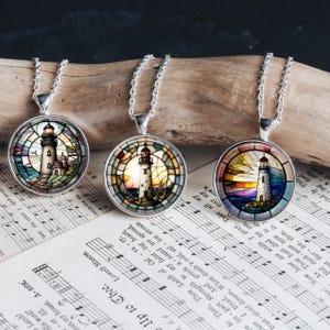 Lighthouse Nautical Stained Glass Art Silver Jewelry Necklace Glass Pendant Large Option Matching Bracelet Earrings Gift Idea New