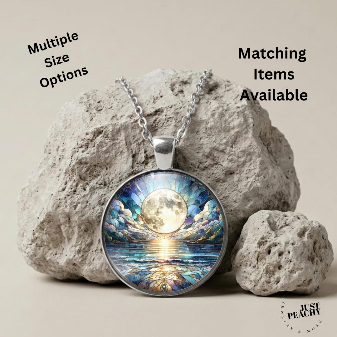 Moonscape Moon Over Water Stained Glass Art Pendant Necklace