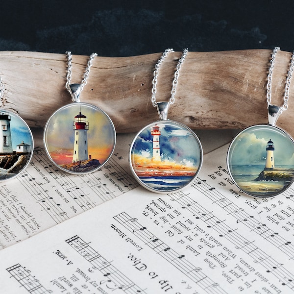 Lighthouse Nautical Watercolor Art Silver Jewelry Necklace Glass Pendant Large Option Matching Bracelet Earrings Gift Idea New