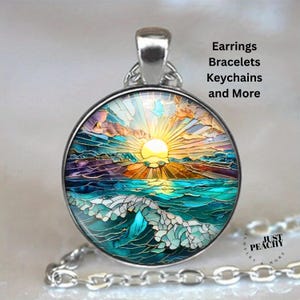 Ocean Sunrise Sunset Stained Glass Effect Pendant Necklace, Beach Seaside Jewelry