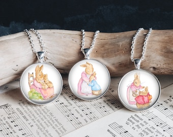 Retro Mothers Day Peter Rabbit Beatrix Potter  Art Glass Pendant Necklace Multiple Scene Choices Matching Bracelet Earrings Gift Idea New