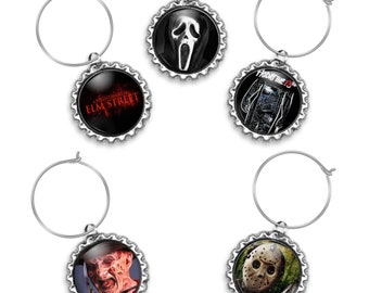 Horror Movie Art Wine Charms Pick 5 Piece Custom Multiple Variations Mix and Match Nightmare Scream Jason Friday 13th Freddie