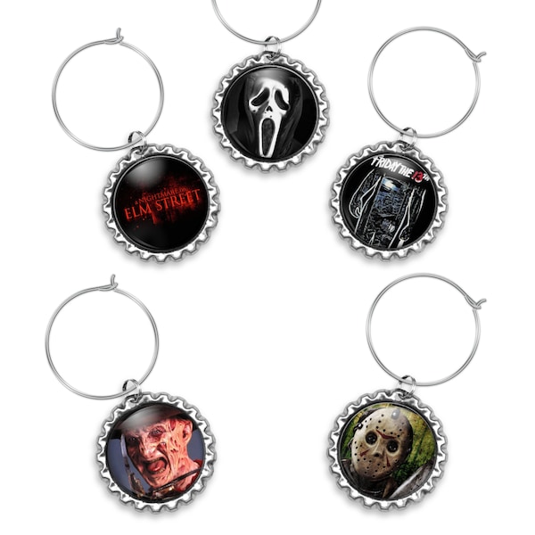 Horror Movie Art Wine Charms Pick 5 Piece Custom Multiple Variations Mix and Match Nightmare Scream Jason Friday 13th Freddie