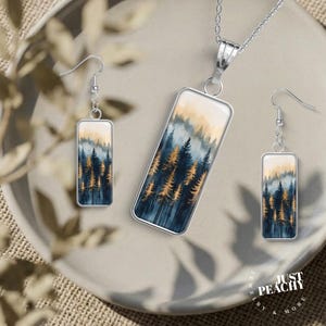 Scenic Forest Tree Landscape Watercolor Art Rectangular Silver Pendant Necklace, Matching Earrings