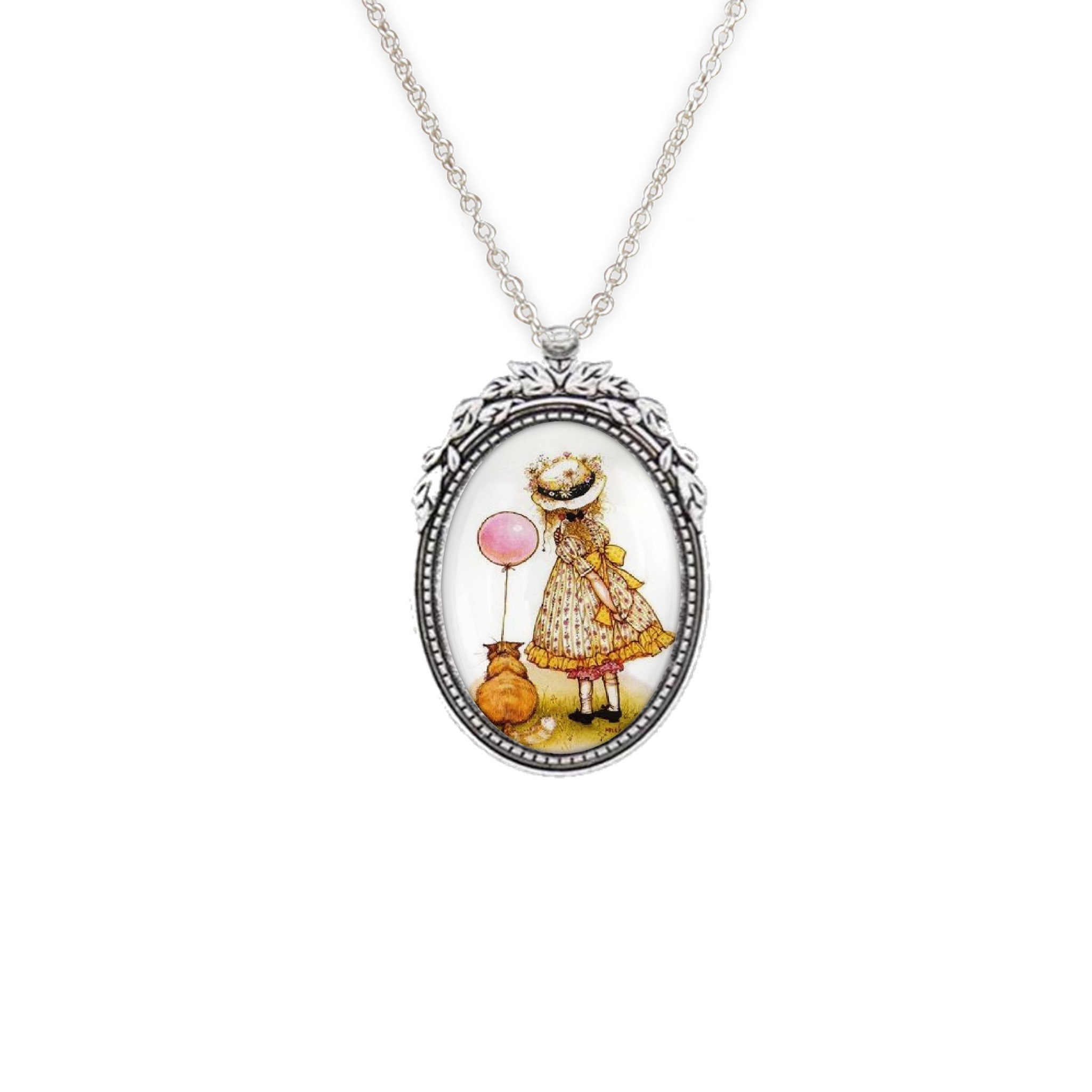 Holly Hobbie Pendant Necklace, Colonial Girl Art, Silver Oval, (24 Holly Hobbie Pendant Necklace, Colonial Girl Art, Silver Oval, (24