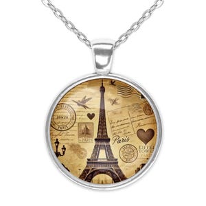 Paris Tour Eiffel France Carte postale rétro Art de voyage Bijoux en argent Collier pendentif en verre Grande option Boucles d'oreilles assorties Bracelet jonc