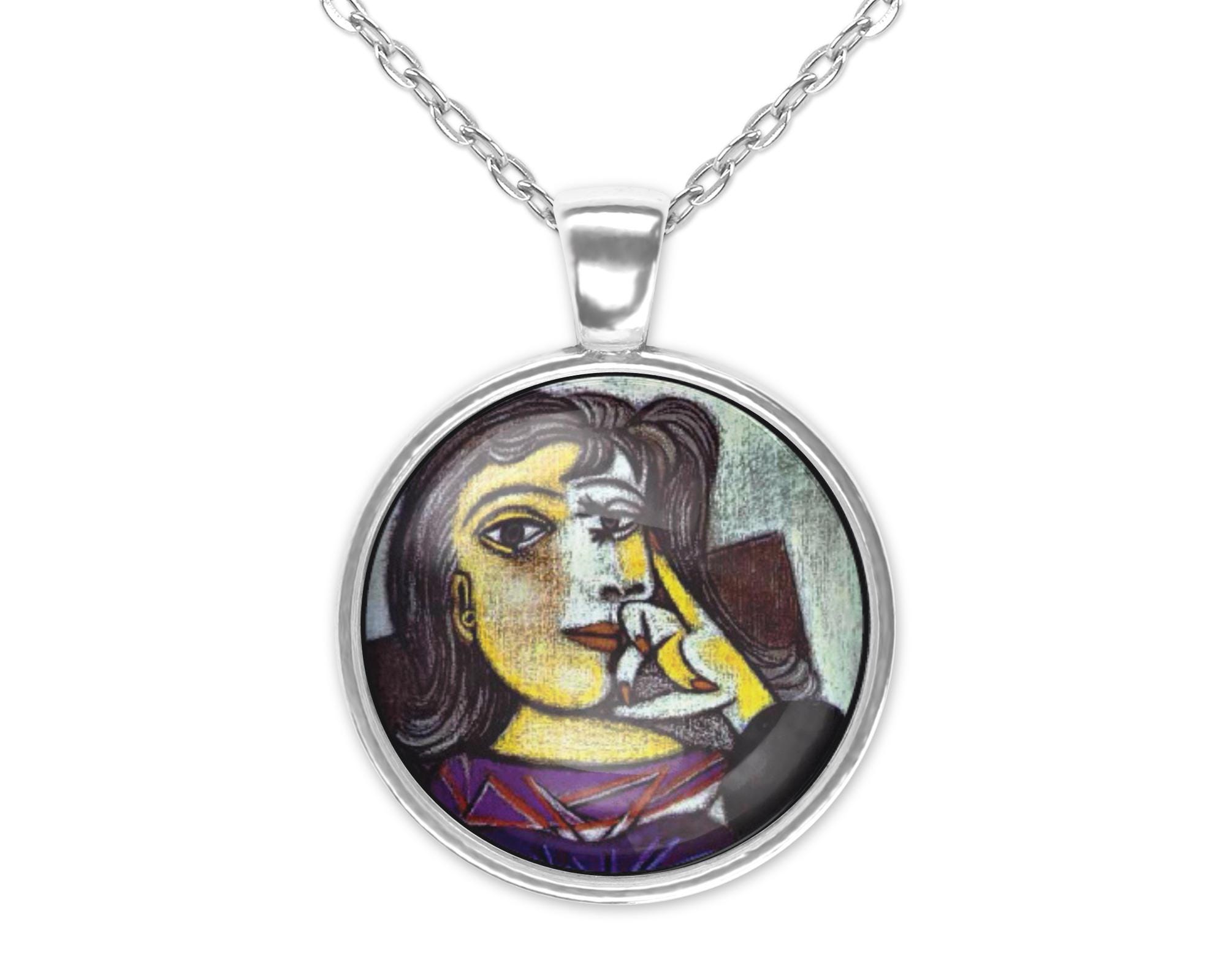 Picasso Art Pendant Necklace, Famous Painter Gift Silver Jewelry 