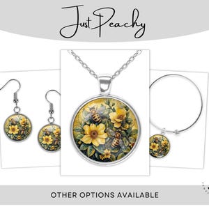 黄色のバンブルビーの花、花柄水彩画アートガラスペンダントネックレス、ラージオプションブレスレットイヤリングブローチキーチェーン財布チャーム
