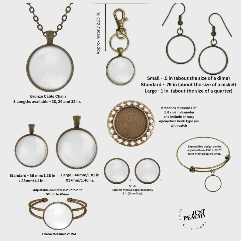 Op de afbeelding: Een verscheidenheid aan bronzen sieradencomponenten wordt getoond, waaronder een ketting, sleutelhanger, oorbellen, broches, studs en een armband. Maten vari&euml;ren, met afmetingen in inches en millimeters. De tekst "JUST PEACHY" is zichtbaar.