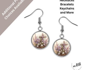 Pendientes colgantes con diseño floral de lavanda y Pascua de primavera, con diseño religioso de plata