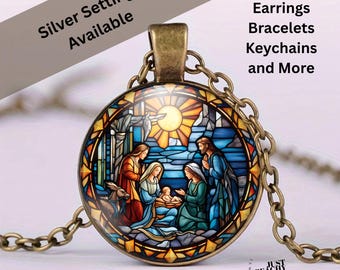 Christian Manger Nativity Stained Glass Art Bronze Jewelry Set Dangle Earrings