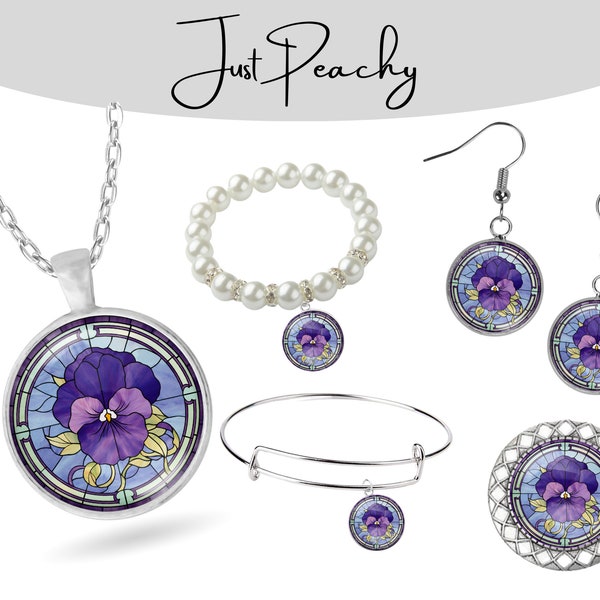 February Violet Primrose Birth Month Flower Stained Glass Art Silver Jewelry Glass Pendant Necklace Bracelet Earrings Brooch Birthday