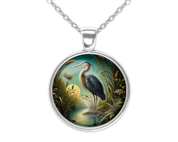 Blue Heron Bird Scenic Watercolor Art Glass Pendant Necklace Large