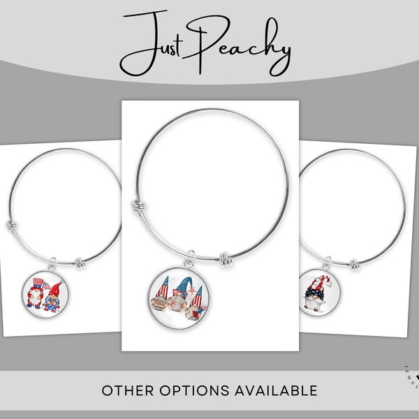 USA Patriotic Gnome Independence Day Art Silver Jewelry Bangle Charm Bracelet Matching Earrings Necklace Brooch Keychain Option