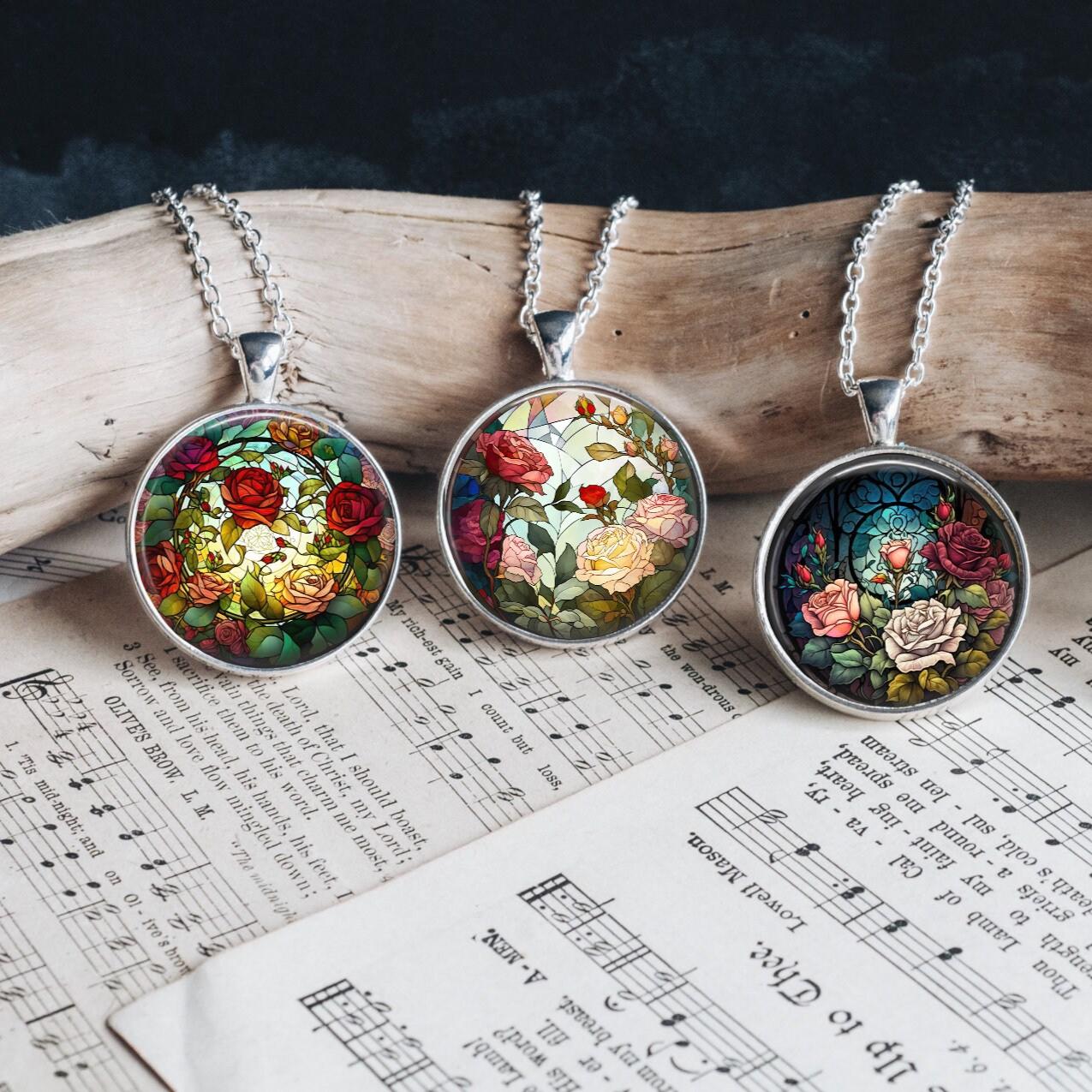 Rose Floral Stained Glass Art Pendant Necklace Silver Jewelry Set 