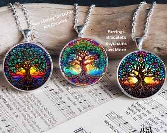 Tree of Life Stained Glass Art Glass Pendant Necklace Silver
