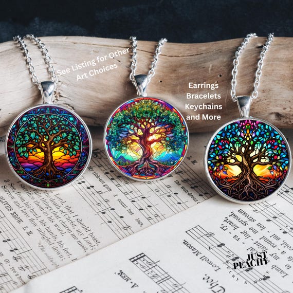 Tree of Life Stained Glass Art Glass Pendant Necklace Silver