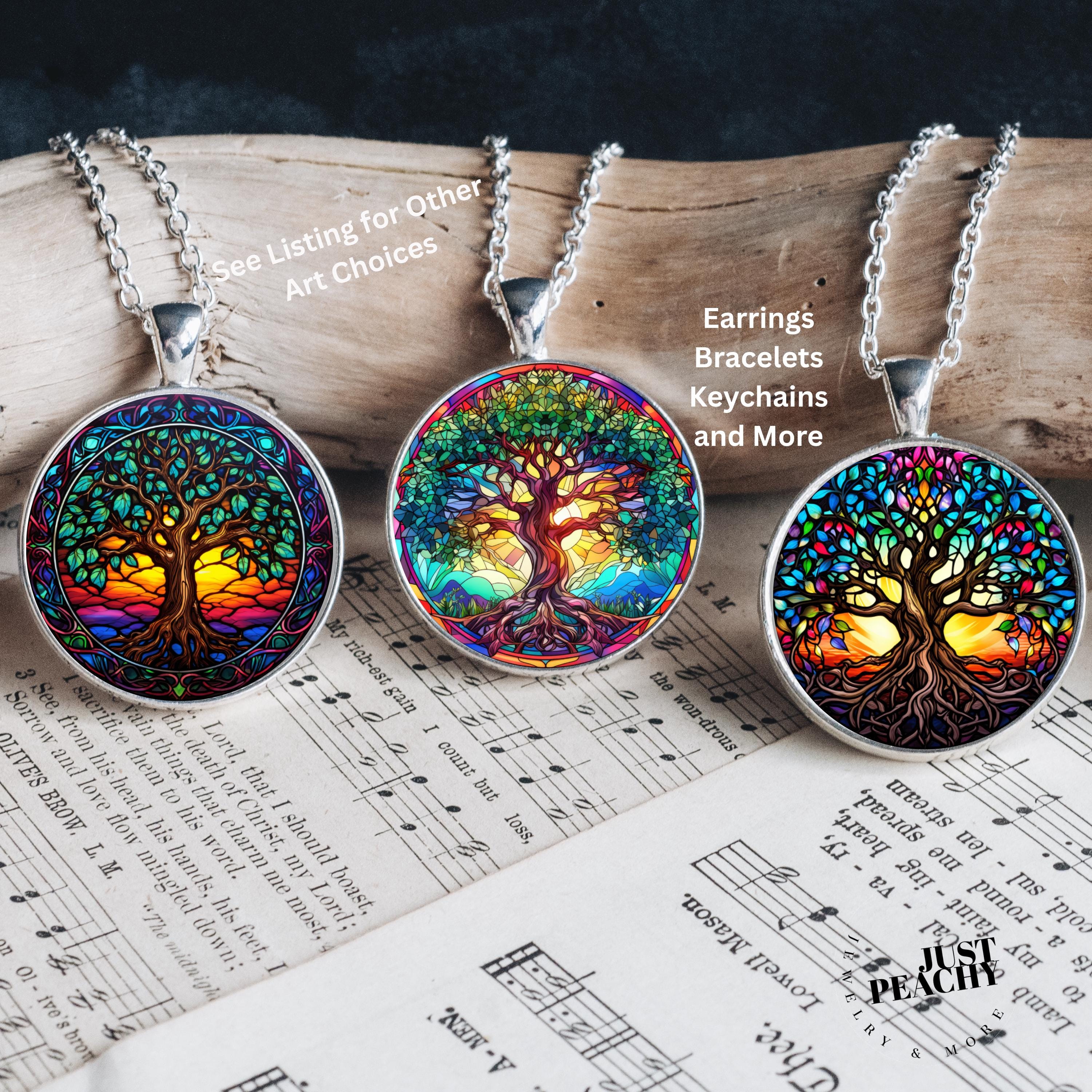 Tree of Life Stained Glass Art Glass Pendant Necklace Silver