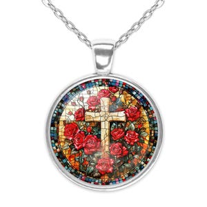 Red Roses Cross Stained Glass Art Silver Jewelry Glass Pendant Necklace Large Option Dangle Earrings Bracelet Faith Religious