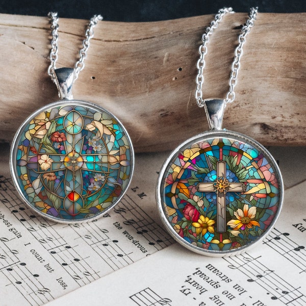 Stained Glass Cross Floral Silver Jewelry Glass Pendant Necklace Large Option Dangle Earrings Bracelet Gift Idea Faith Religious