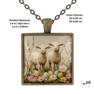 May include: Square pendant necklace with a vintage-style image of two lambs in a field with flowers and Easter eggs. The pendant measures 1.4 inches by 1.1 inches. Chain choices are 20 inches or 24 inches.