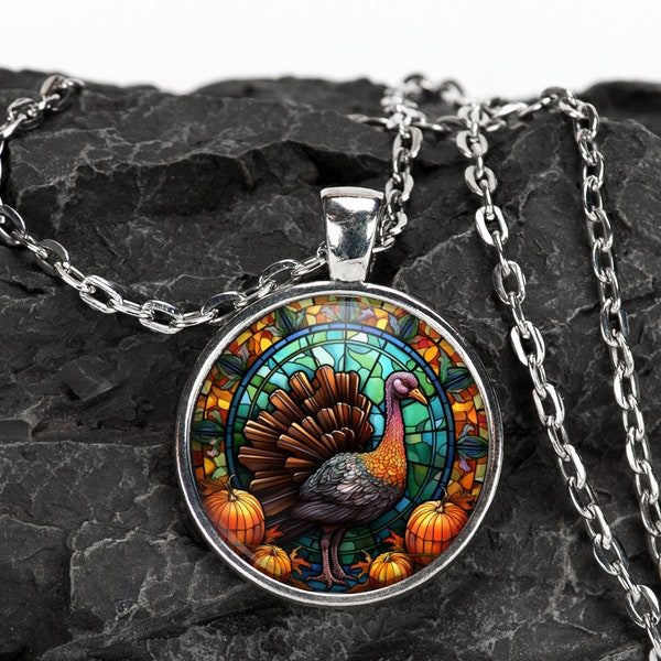 Thanksgiving Harvest Autumn Turkey Art  Stained Glass Art Silver Jewelry Necklace Glass Pendant Large Option Bracelet Earrings Retro