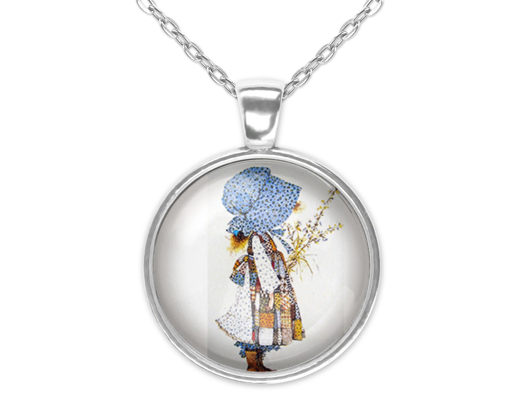 Holly Hobbie Silver Pendant Necklace, Colonial Girl Jewelry Gift