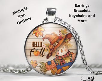 Hello Fall Fun Scarecrow Art Silver Glass Pendant Necklace Jewelry Set