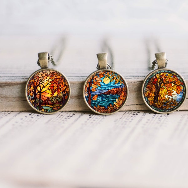 Thanksgiving Autumn Fall Falling Leaves Art Stained Glass Bronze Jewelry Necklace Glass Pendant Large Option Earrings Vintage Halloween