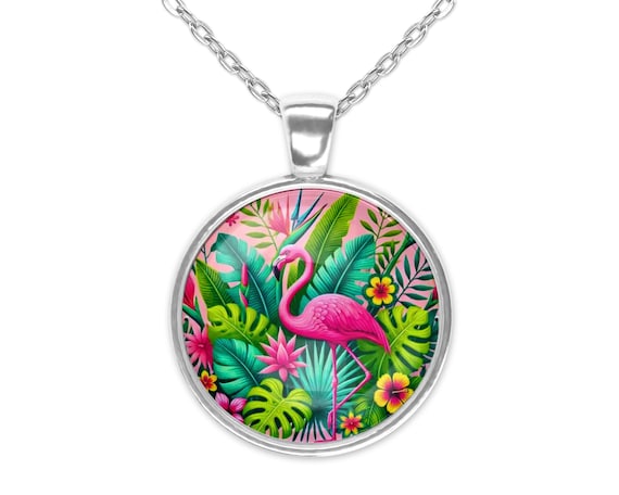 Ciondolo fenicottero in oro 14 carati: collana con uccello tropicale in smalto rosa - Italia