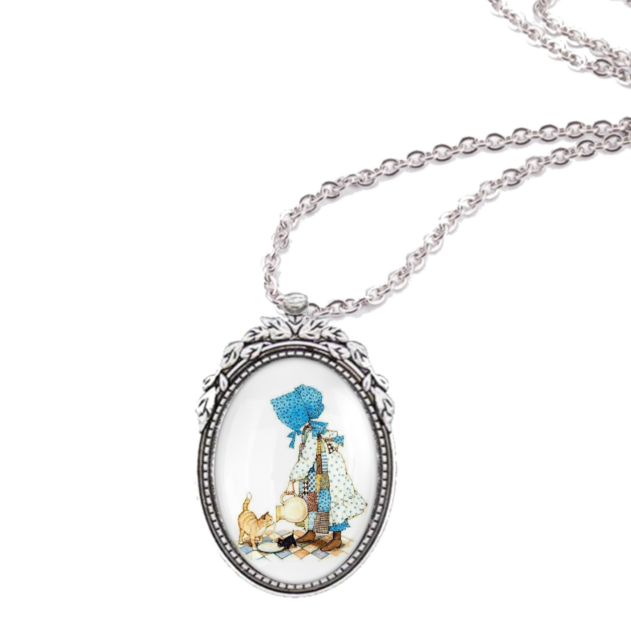 Holly Hobbie Pendant Necklace, Colonial Girl Art, Silver Oval, (24