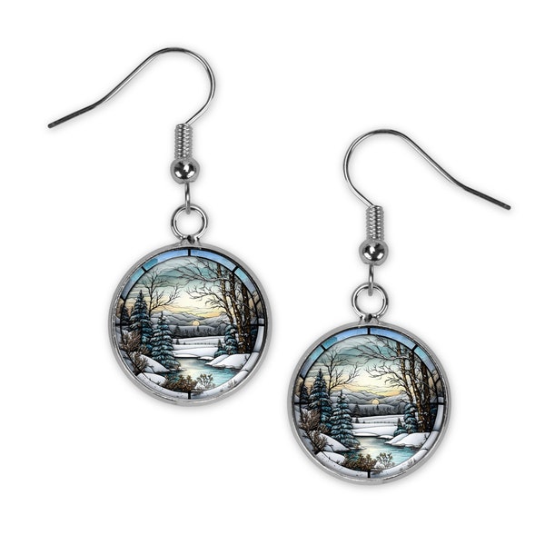 Winter Snow Landscape Forest Stained Glass Art  Silver Jewelry Dangle Earrings Multiple Variations Necklace Bracelet Stocking Stuffer