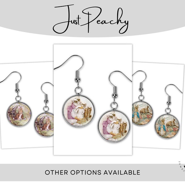 Beatrix Potter Storybook Art Jewelry Silver Dangle Earrings Glass Pendant Multiple Variations Pick One Necklace Bracelet Peter Rabbit