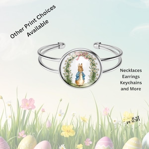 Spring Easter Peter Rabbit Beatrix Potter Floral Art Silver Jewelry Cuff Bracelet