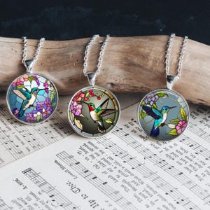 Stained Glass Hummingbird Floral Silver Necklace Glass Pendant Standard or Large Matching Bracelet Earrings Retro Vintage Look  Gift Idea