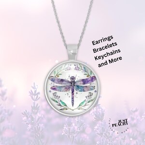 Dragonfly Lavender Watercolor Art Silver Pendant Necklace Jewelry Set