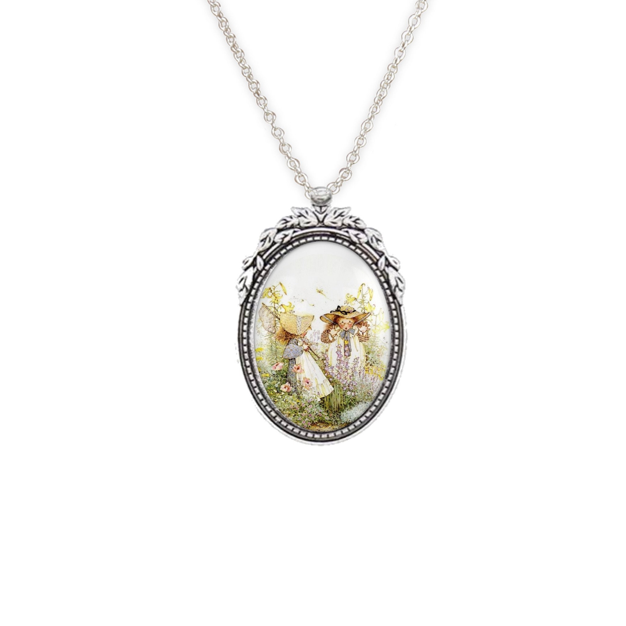 Holly Hobbie Pendant Necklace, Colonial Girl Art, Silver Oval, (24 Holly Hobbie Pendant Necklace, Colonial Girl Art, Silver Oval, (24
