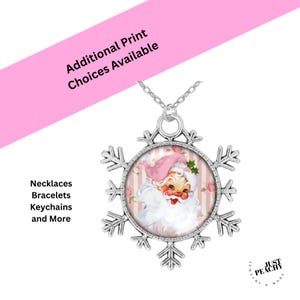 Dreaming Pink Christmas Retro Santa Snowflake Glass Pendant Necklace Multiple Variations Matching Pieces Stocking Stuffer Gift Idea