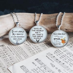 Alice in Wonderland Quotes Movie Art Silver Glass Pendant Necklace Large Option 20 24 Inches Multiple Variations Matching Pieces
