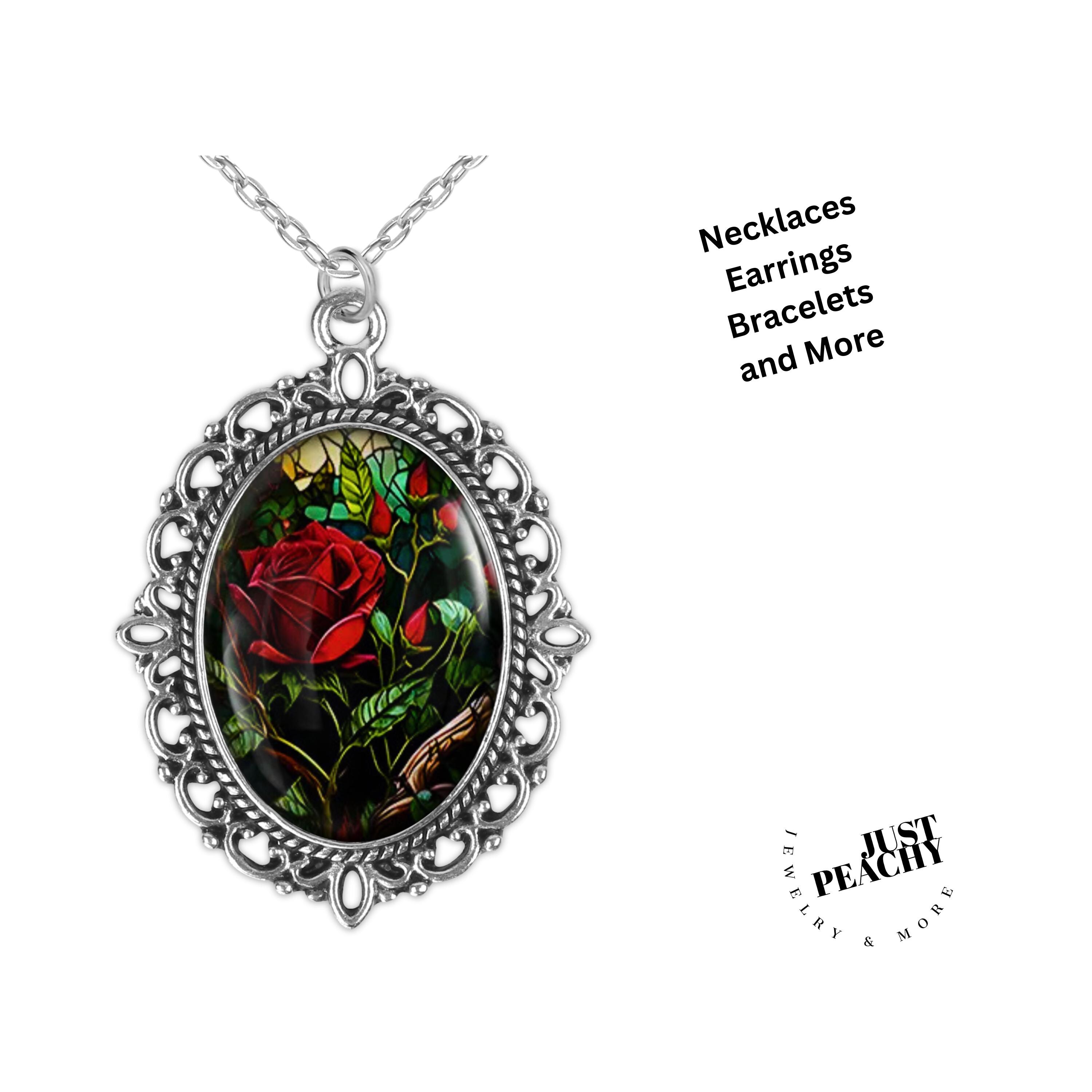Classic Elegant Red Rose Stained Glass Floral Flower Art Silver Filigree Dangle Earrings Bracelet